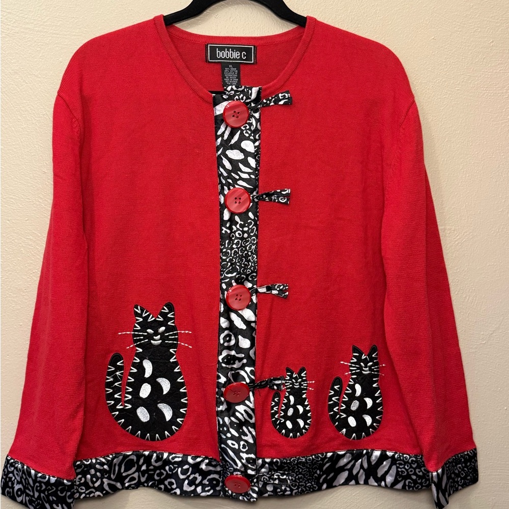 Bobbie C Vintage Red & Black Embroidered Abstract Cat Toggle Cardigan Size XL